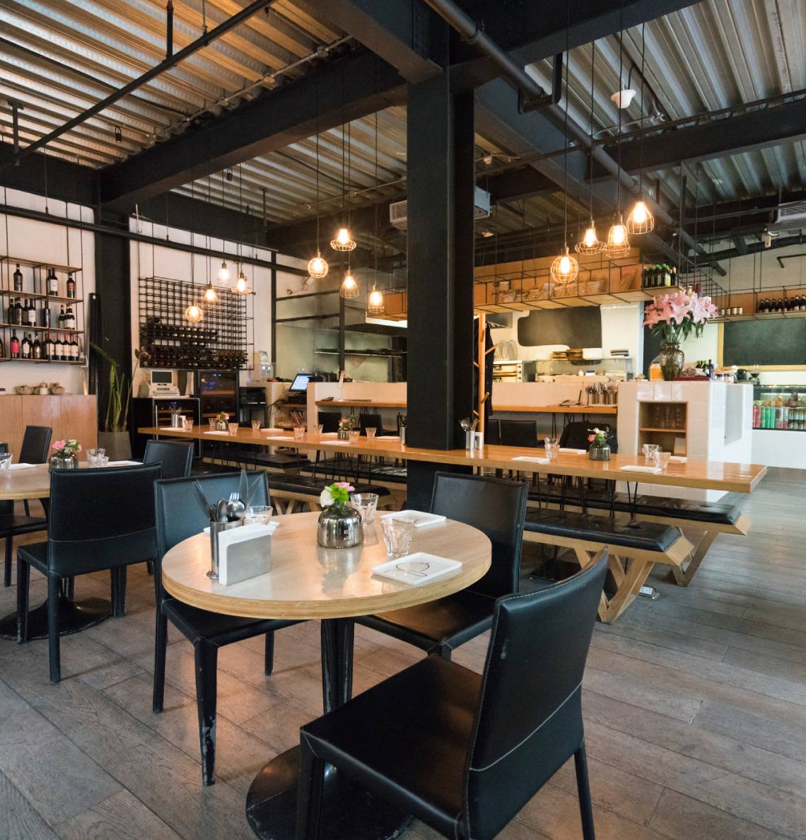 Cozy dining area with pendant lights