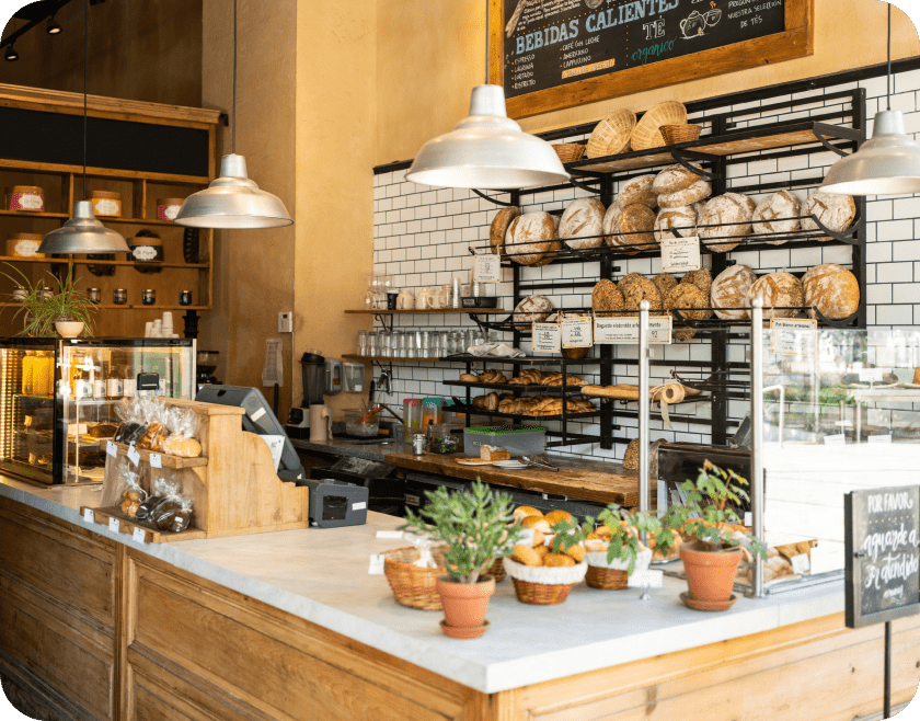 Rustic bakery interior with bread shelves