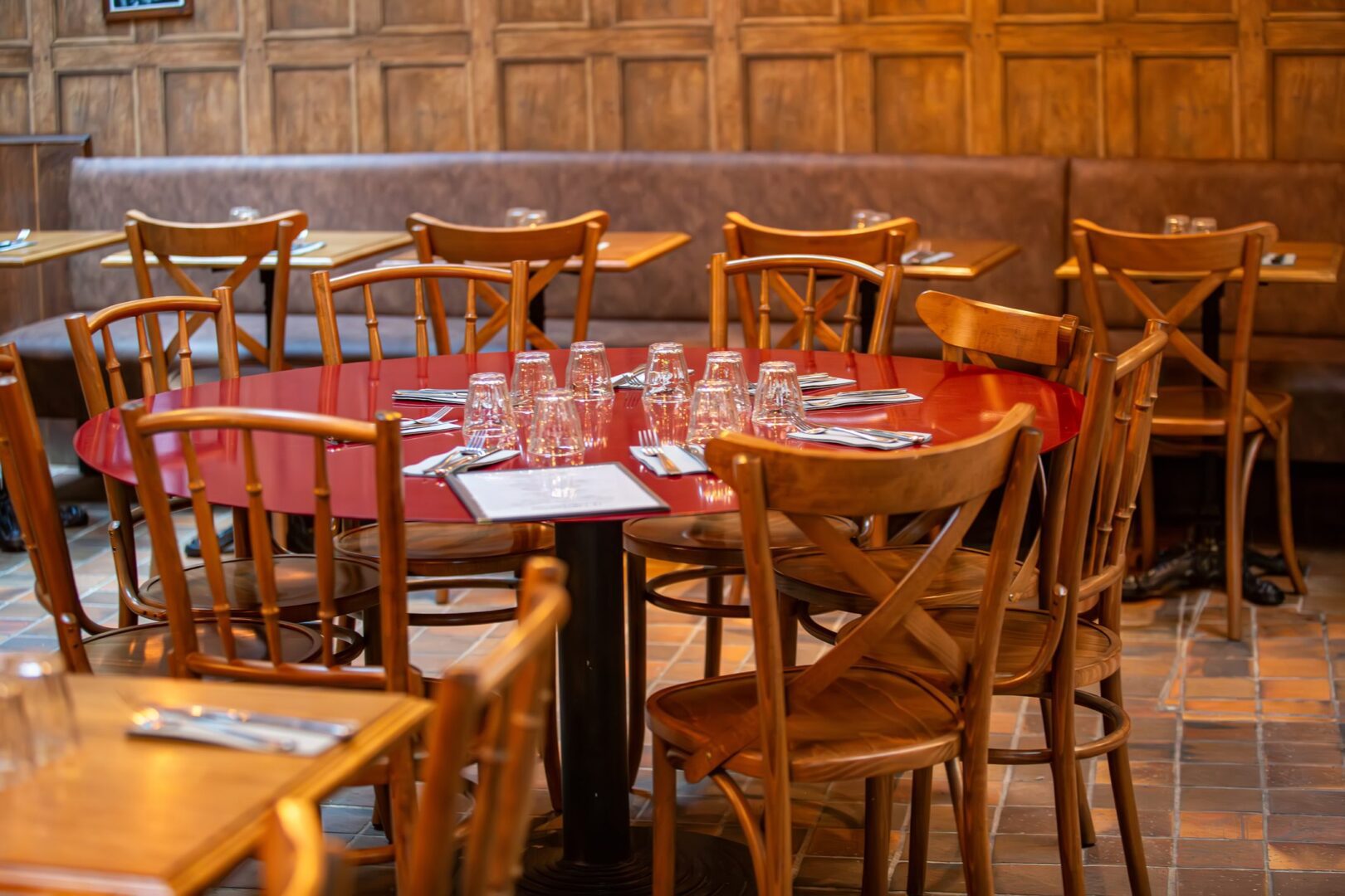 Restaurant dining area with wooden chairs